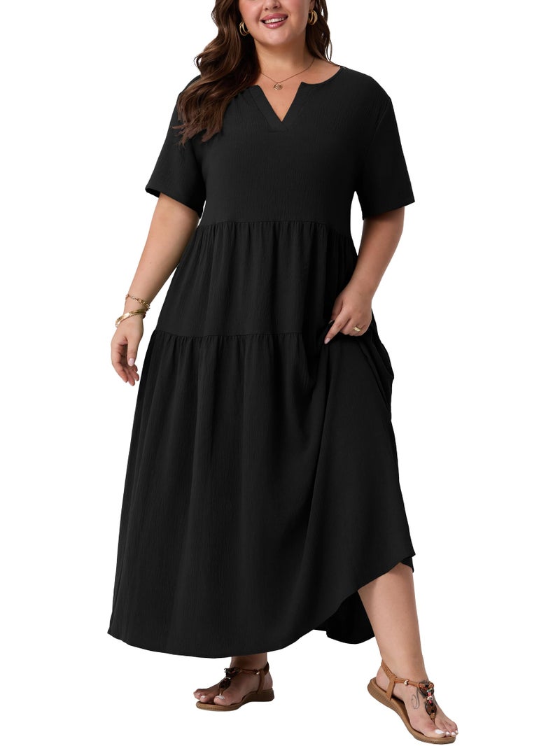 OLRIK Womens Black Maxi Dress Plus Size Casual Lightweight Loose Short Sleeve Dress with Pockets Summer Beach Vacation Black-1X - Image 1