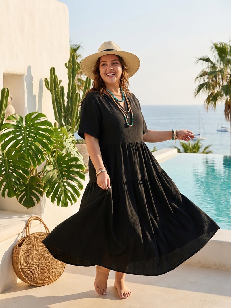 OLRIK Womens Black Maxi Dress Plus Size Casual Lightweight Loose Short Sleeve Dress with Pockets Summer Beach Vacation Black-1X - Image 4