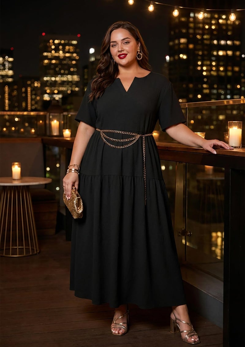 OLRIK Womens Black Maxi Dress Plus Size Casual Lightweight Loose Short Sleeve Dress with Pockets Summer Beach Vacation Black-1X - Image 5