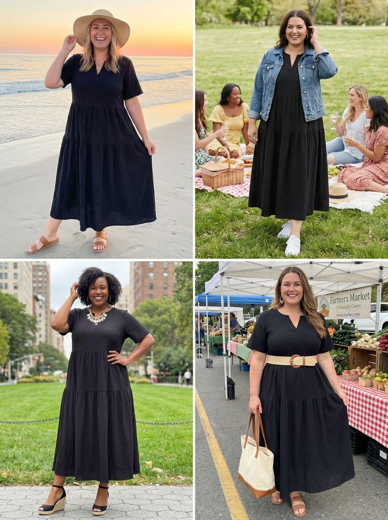 OLRIK Womens Black Maxi Dress Plus Size Casual Lightweight Loose Short Sleeve Dress with Pockets Summer Beach Vacation Black-1X - Image 2