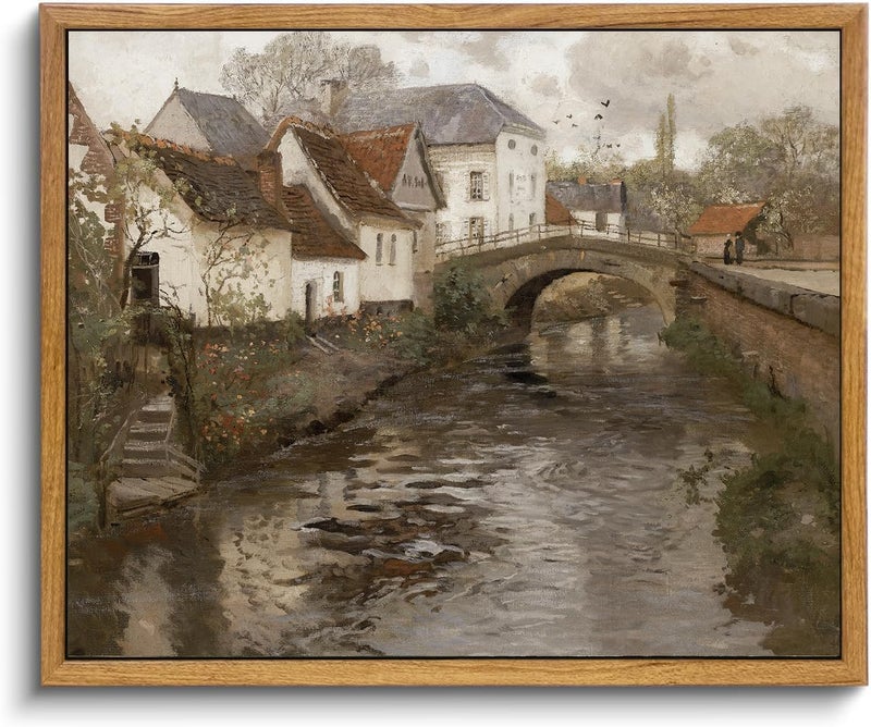 KBKBART Vintage Wall Art  Retro European Village Country Framed Canvas Art Prints Painting Farmhouse Decor  Rustic Impressionism Scenic Landscape Wall Decor for Bathroom  Bedroom Living Room  Vintage - Image 1