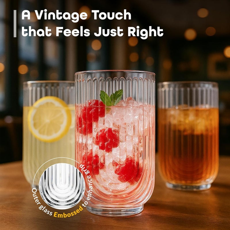 Glaver's Drinking Glasses Set of 8. 17oz Vintage Drinking Cups. Ripple Cocktail Glasses, Ribbed Drinking Highball Glass Cups. Arch Designed Art Deco Glassware for Water Juice Coffee. Package may Vary - Image 3