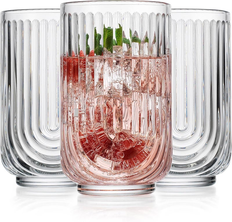 Glaver's Drinking Glasses Set of 8. 17oz Vintage Drinking Cups. Ripple Cocktail Glasses, Ribbed Drinking Highball Glass Cups. Arch Designed Art Deco Glassware for Water Juice Coffee. Package may Vary - Image 1