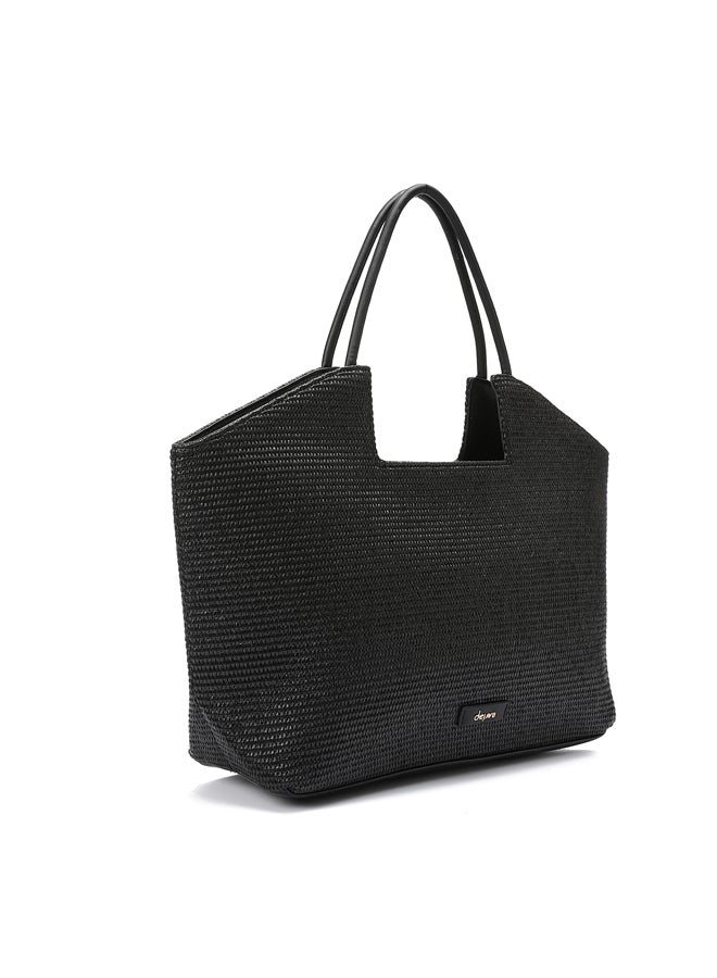 DejaVu One Main Compartment Raffia Effect Handbag - Black - Image 1