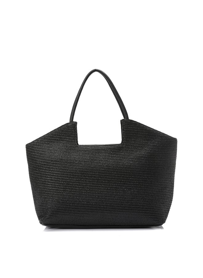 DejaVu One Main Compartment Raffia Effect Handbag - Black - Image 2