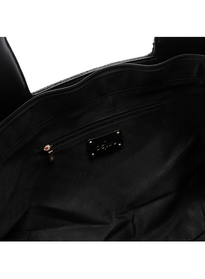 DejaVu One Main Compartment Raffia Effect Handbag - Black - Image 4