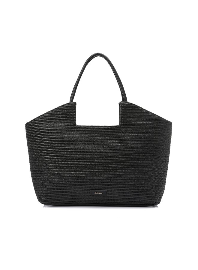 DejaVu One Main Compartment Raffia Effect Handbag - Black - Image 5