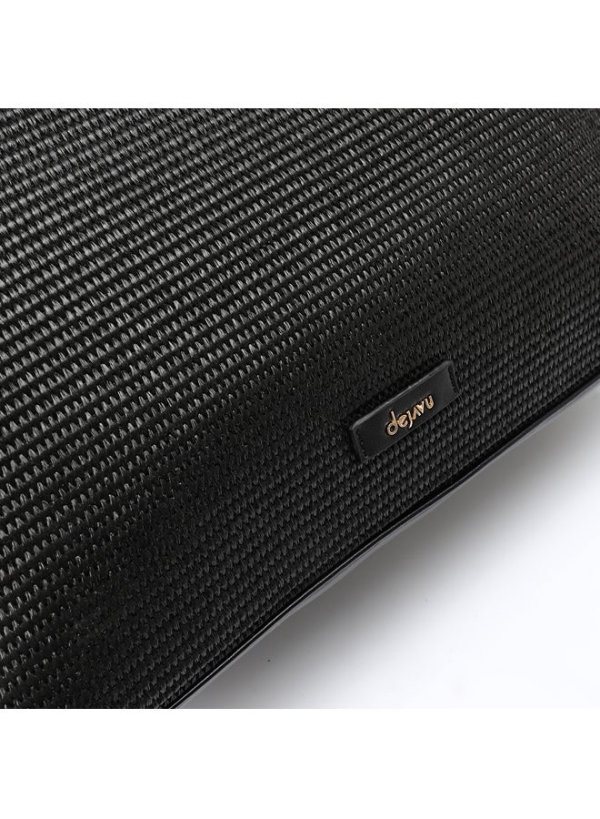 DejaVu One Main Compartment Raffia Effect Handbag - Black - Image 3