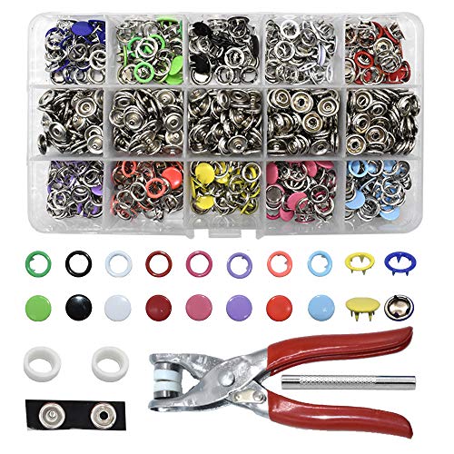 Renashed 200 Set Snap Fastener Tool 10 Colors Solid &Hollow Mixed Diameter 9.5mm Metal Eyelets Shoes Clothes Crafts with Heavy-Duty Pliers - Image 1