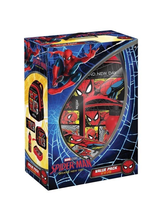 Marvel Universe Spider Man Brand New Day 5-In-1 Value Pack with 16-Inch Trolley Backpack, Lunch Bag, Lunch Box, Bottle & Pouch - Image 2