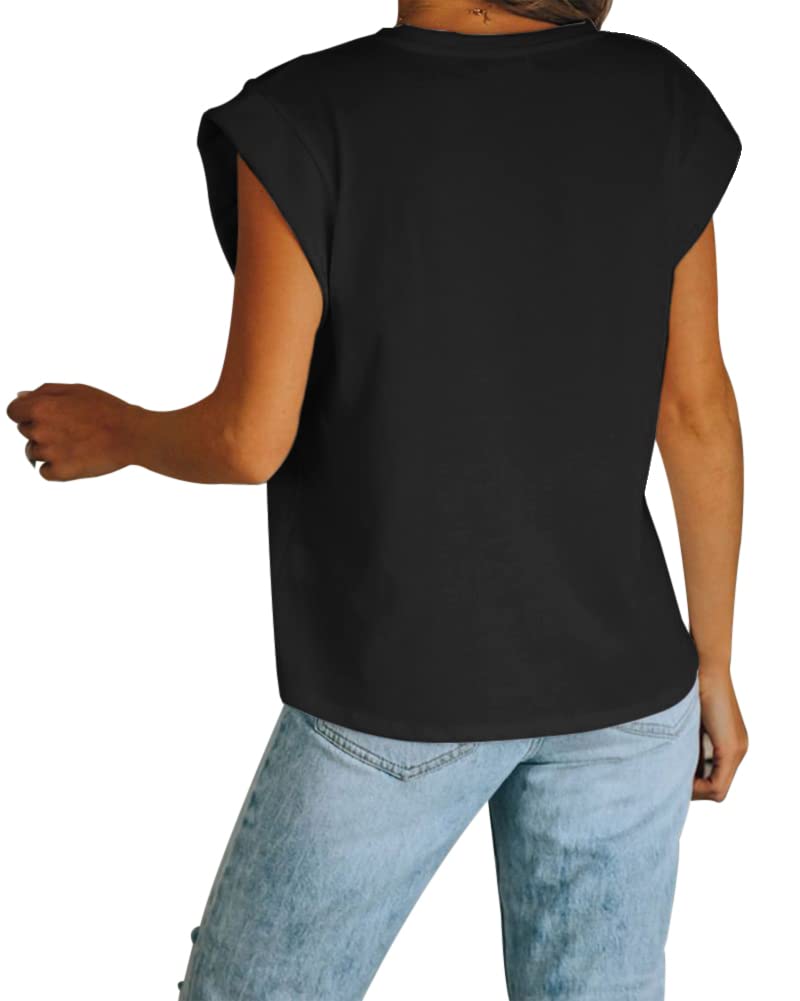 Fazortev Women's Cap Sleeve Tank Top Crew Neck T Shirts Loose Fit Basic Summer Casual Tee Tops Black - Image 3