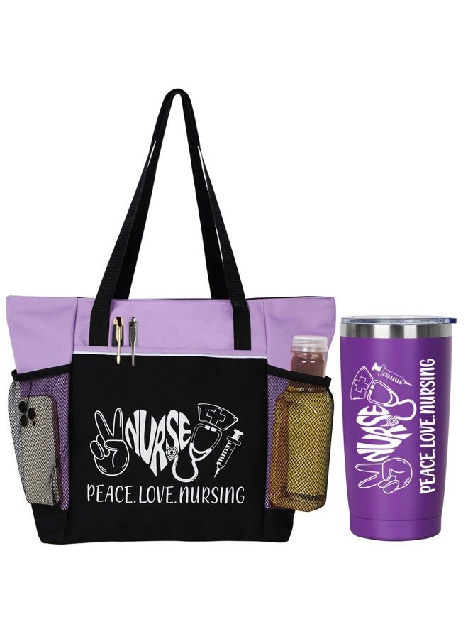 GiftPeak Peace, Love, Nursing. 2 Pieces - Nurse Gifts for Women Includes Zippered Tote Bag and Stainless Steel Insulated Tumbler, Purple, One size - Image 1
