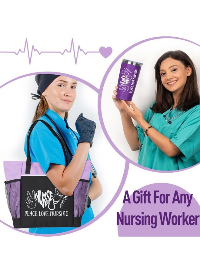 GiftPeak Peace, Love, Nursing. 2 Pieces - Nurse Gifts for Women Includes Zippered Tote Bag and Stainless Steel Insulated Tumbler, Purple, One size - Image 2