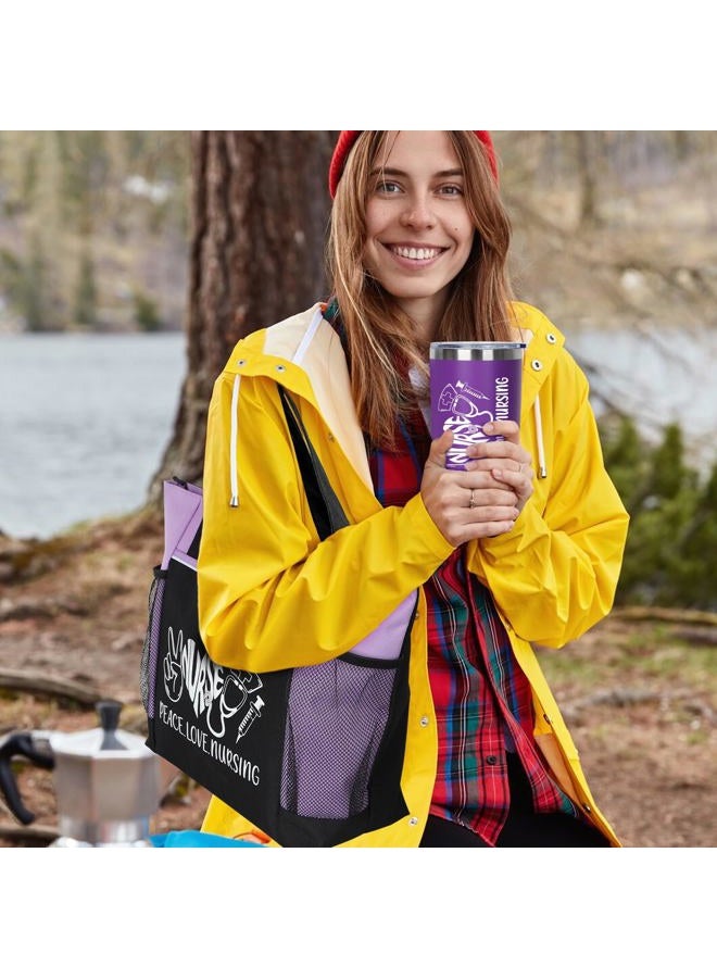 GiftPeak Peace, Love, Nursing. 2 Pieces - Nurse Gifts for Women Includes Zippered Tote Bag and Stainless Steel Insulated Tumbler, Purple, One size - Image 3