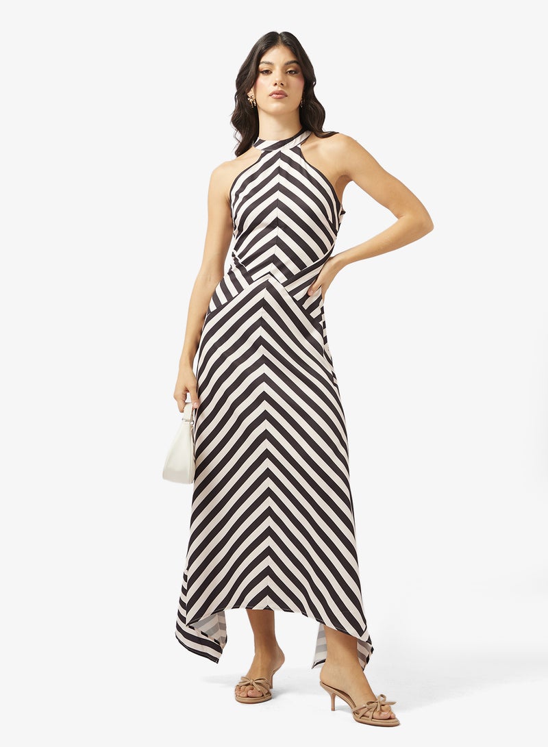 Ginger Halter Neck Monochrome Stripe A Line Dress - Image 4