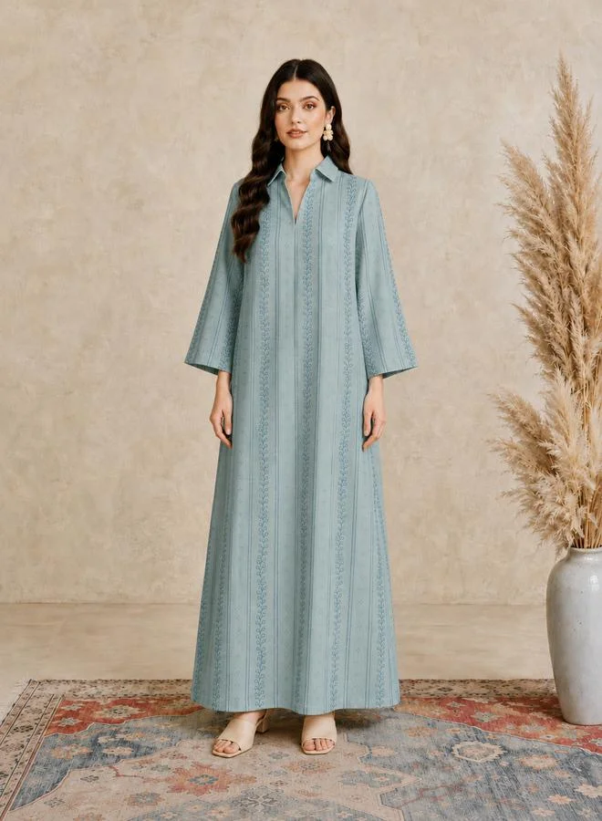Take Two Green Leaf Print Open Collar Jalabiya