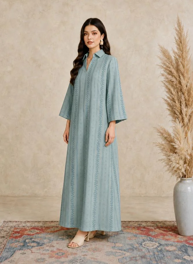 Take Two Green Leaf Print Open Collar Jalabiya