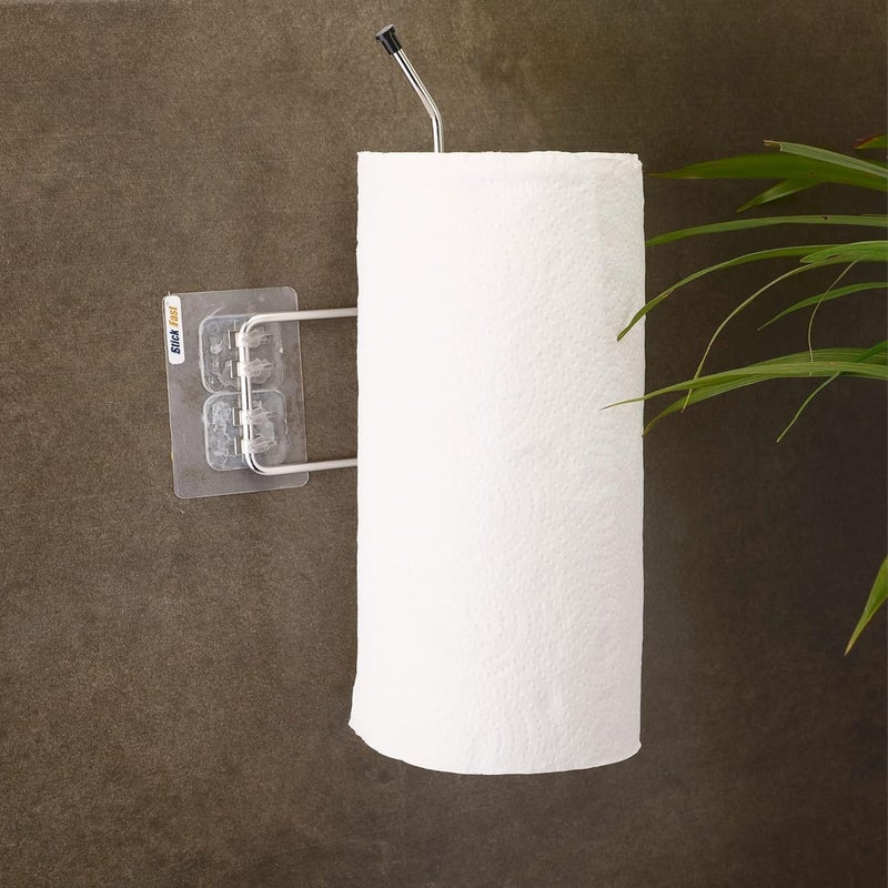 Pathavi Stainless Steel Adhesive Wall-Mounted Long Towel Hanger, Toilet Paper Holder for Kitchen & Bathroom, Stick-On Hook Rack for Napkins, Paper Towel, or Accessories, No Drilling Required (Chrome) - Image 2