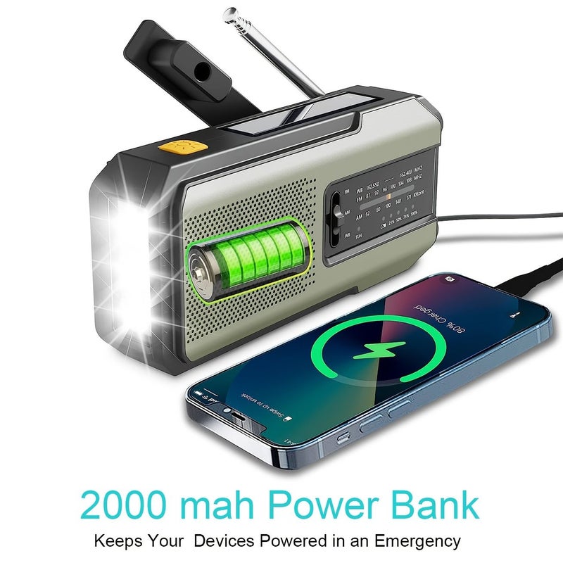Daykit Military Green Hand Crank Solar Radio AM FM NOAA Weather Alert SOS Emergency 2000mAh Power Bank - Image 3