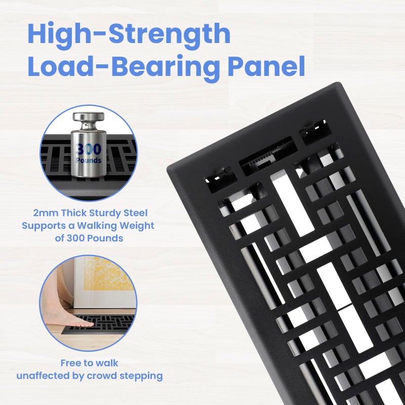 Howeall 4x10 Inches Heavy Duty Walkable Floor Register Easy Adjust Air Supply Lever Floor Vents - Seattle Design - Vent Cover for Home Floor - Matte Black - Image 2