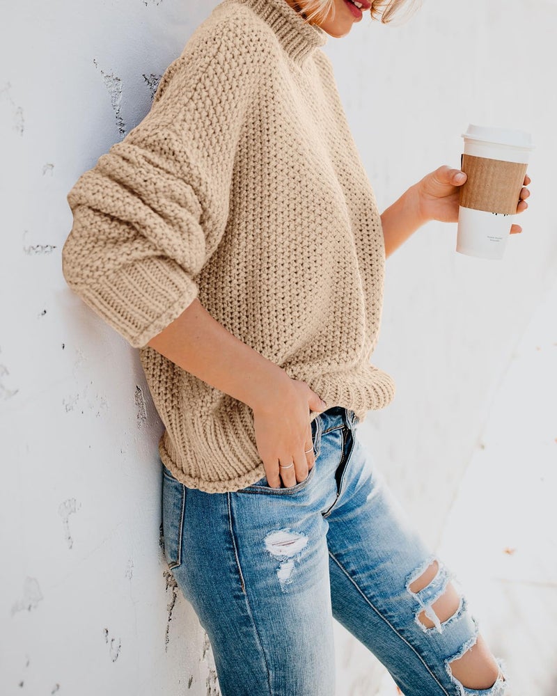 Saodimallsu Womens Turtleneck Oversized Sweaters Batwing Long Sleeve Pullover Loose Chunky Knit Jumper Light Khaki - Image 3