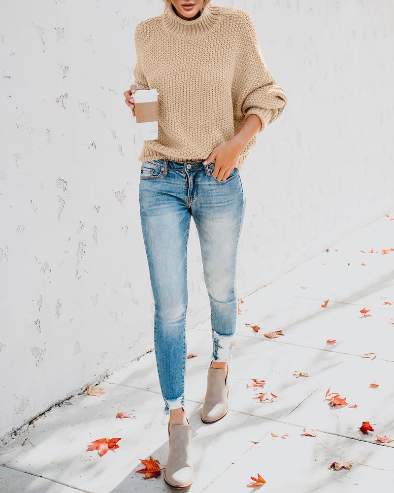 Saodimallsu Womens Turtleneck Oversized Sweaters Batwing Long Sleeve Pullover Loose Chunky Knit Jumper Light Khaki - Image 5