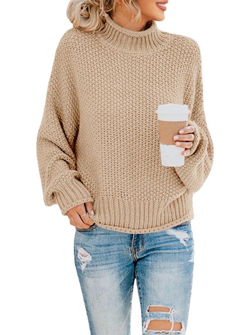 Saodimallsu Womens Turtleneck Oversized Sweaters Batwing Long Sleeve Pullover Loose Chunky Knit Jumper Light Khaki - Image 1