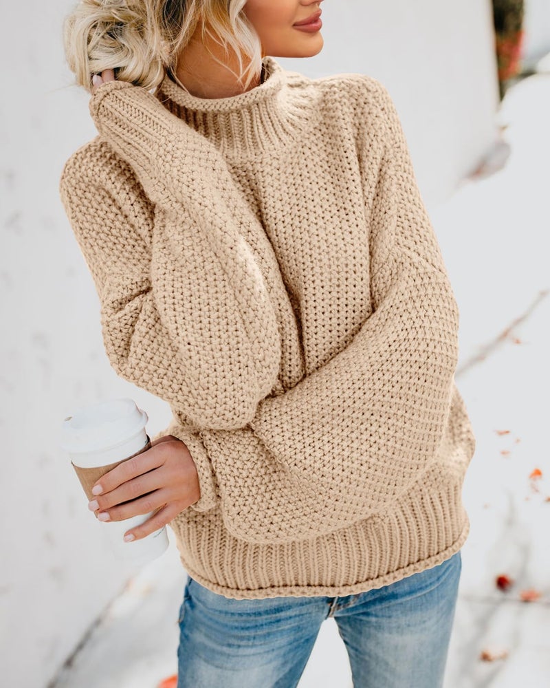 Saodimallsu Womens Turtleneck Oversized Sweaters Batwing Long Sleeve Pullover Loose Chunky Knit Jumper Light Khaki - Image 4