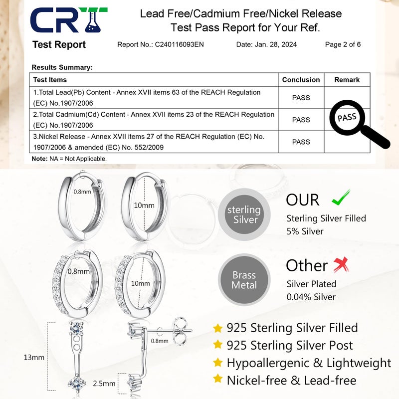 MILACOLATO 925 Sterling Silver Earrings for Women, Sterling Silver Filled Small Huggie Hoop Earrings Sets for Multiple Piercing Hypoallergenic Jewelry, CZ Cartilage Earrings Stacks Trendy Jewelry Gifts, 3 Pairs-D - Image 5