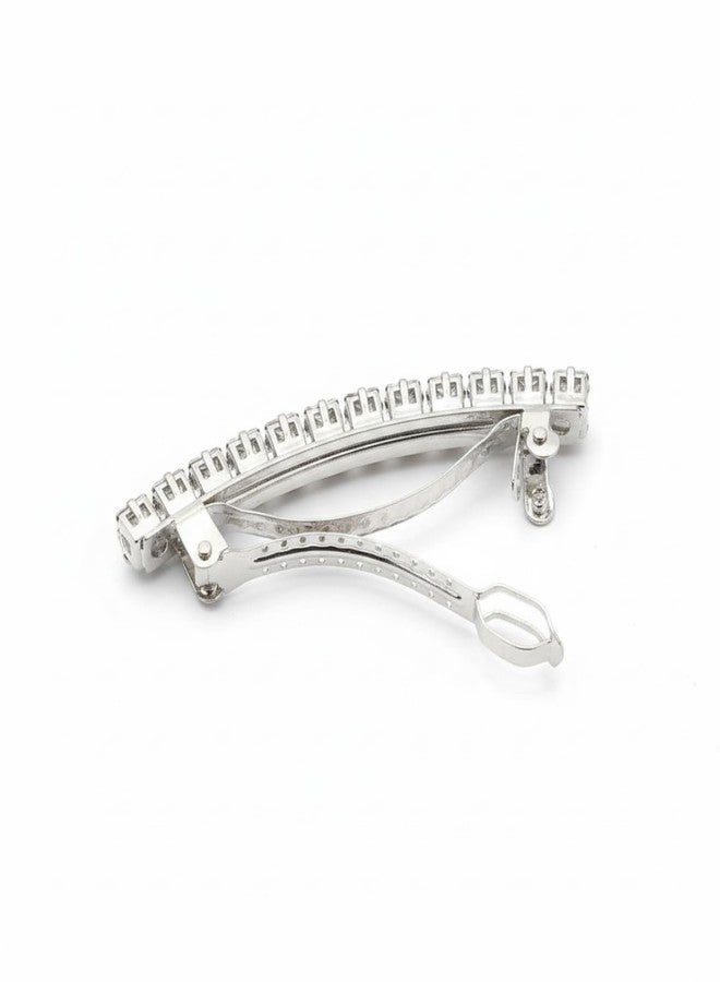 JWELLA Silver Plated American Diamond Barrette Hair Clip for Women | Clear Crystal Stylish Hair Accessory for Party & Daily Use - Image 4