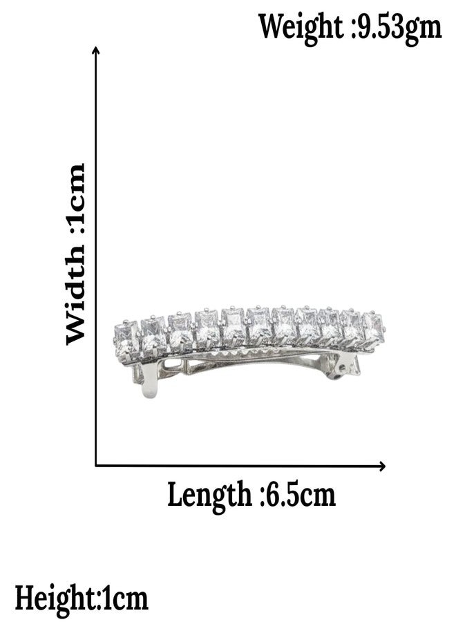 JWELLA Silver Plated American Diamond Barrette Hair Clip for Women | Clear Crystal Stylish Hair Accessory for Party & Daily Use - Image 3