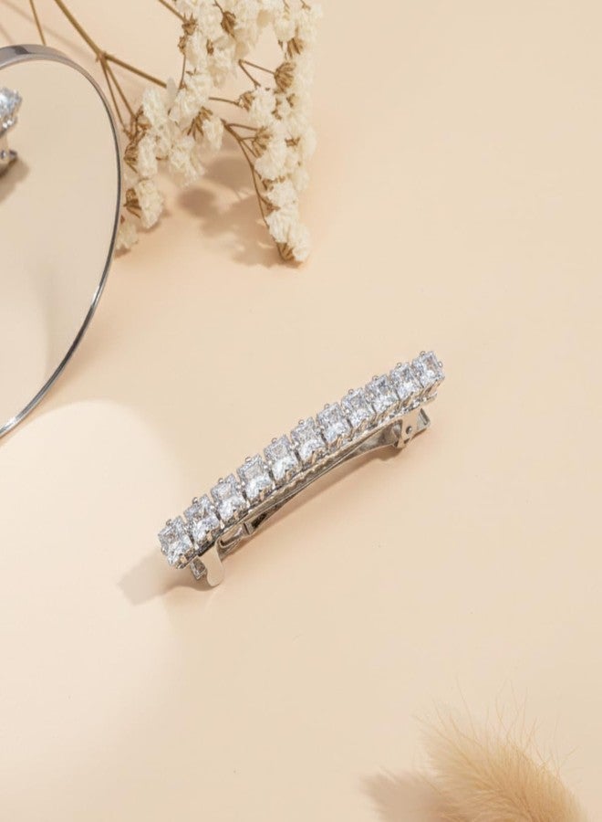 JWELLA Silver Plated American Diamond Barrette Hair Clip for Women | Clear Crystal Stylish Hair Accessory for Party & Daily Use - Image 2