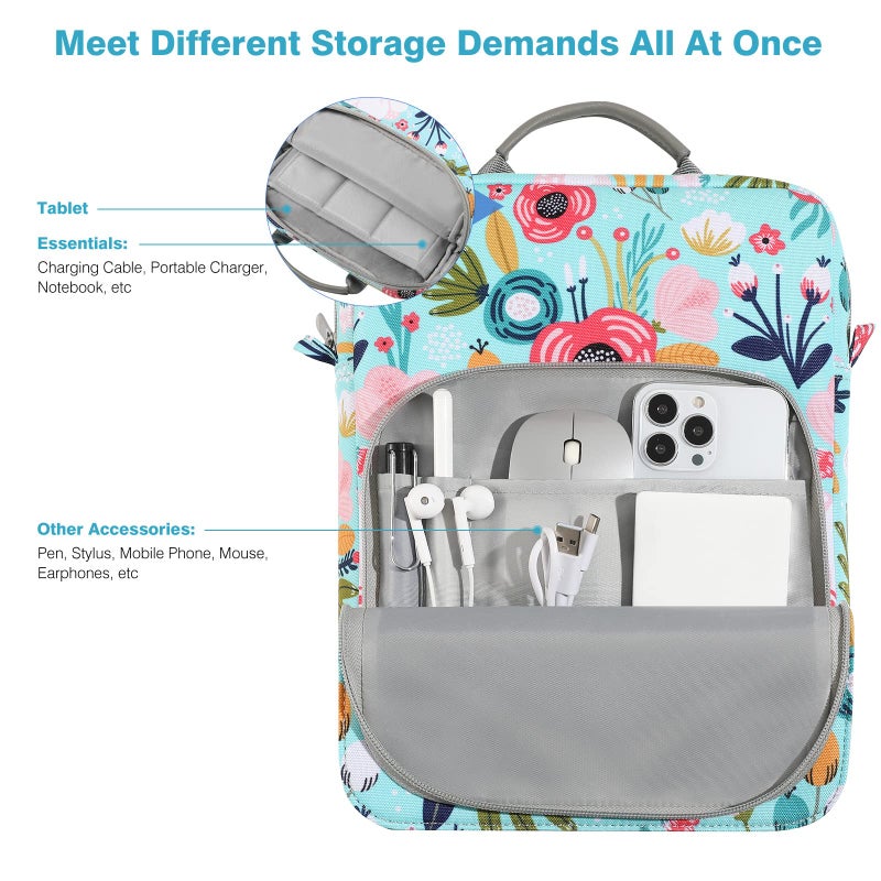 Dadanism 9-11 Inch Tablet Sleeve Bag Carrying Case with Shoulder Strap for iPad (A16) 11", iPad 10th Gen 10.9", iPad Air M4/Pro M5 11", iPad 9/8/7th 10.2", Galaxy Tab A11+ Plus 11",Grass+Flower - Image 3