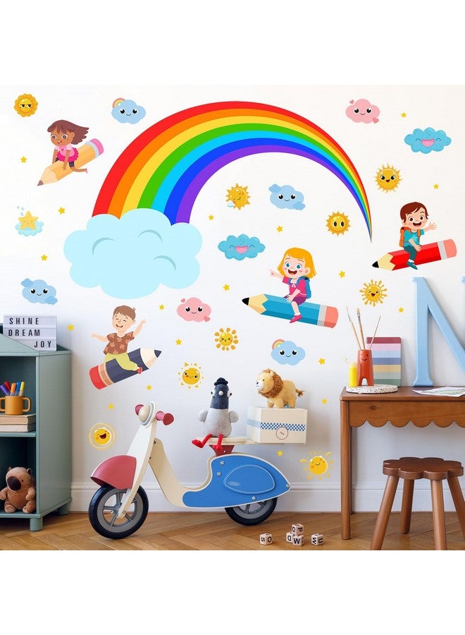 Eutecado Rainbow Wall Decals Cloudy Sun Wall Stickers for Classroom, Watercolor Rainbow Cloudy Wall Decals Flying Girls Boys Wall Stickers Inspirational Art Murals for Nursery Playroom Kids Room - Image 2
