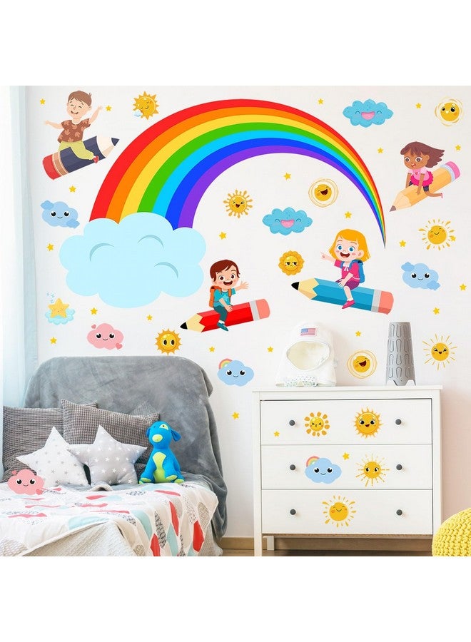 Eutecado Rainbow Wall Decals Cloudy Sun Wall Stickers for Classroom, Watercolor Rainbow Cloudy Wall Decals Flying Girls Boys Wall Stickers Inspirational Art Murals for Nursery Playroom Kids Room - Image 5
