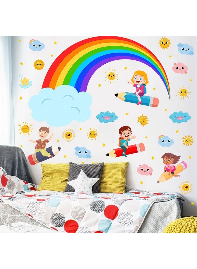 Eutecado Rainbow Wall Decals Cloudy Sun Wall Stickers for Classroom, Watercolor Rainbow Cloudy Wall Decals Flying Girls Boys Wall Stickers Inspirational Art Murals for Nursery Playroom Kids Room - Image 3