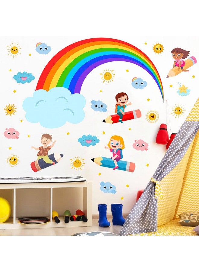 Eutecado Rainbow Wall Decals Cloudy Sun Wall Stickers for Classroom, Watercolor Rainbow Cloudy Wall Decals Flying Girls Boys Wall Stickers Inspirational Art Murals for Nursery Playroom Kids Room - Image 1