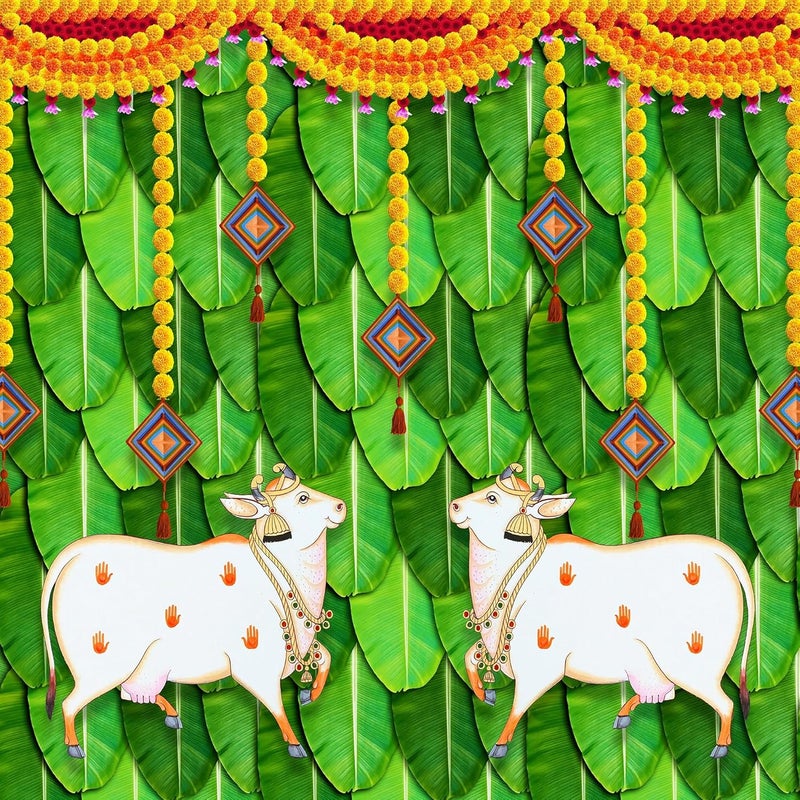 DHARA CREATION Dhara Banana Leaf with Cow Printed 8FT8FT Backdrop Cloth for Pooja Functions Traditional Background Curtain Cloth for Festival Washable Fabric - Image 1