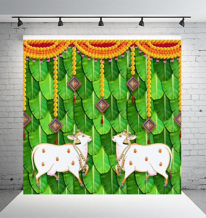 DHARA CREATION Dhara Banana Leaf with Cow Printed 8FT8FT Backdrop Cloth for Pooja Functions Traditional Background Curtain Cloth for Festival Washable Fabric - Image 4