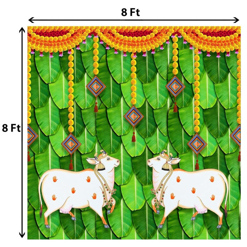 DHARA CREATION Dhara Banana Leaf with Cow Printed 8FT8FT Backdrop Cloth for Pooja Functions Traditional Background Curtain Cloth for Festival Washable Fabric - Image 2