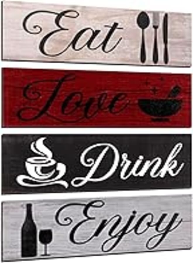 Generic 4 Pieces Wood Home Sign Rustic Wooden Kitchen Wall Decor Farmhouse Eat Love Enjoy Wood Sign with Hanging Hole for Home Kitchen Dining Living Room Bar Cafe Decor (Dark Color) 