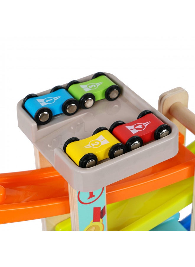 Toys of Wood Oxford - TOWO Wooden Car Ramp Toy- Zig Zag Car Slide with 4 Wooden Cars & Roof Top Car Park Playsets-Click Clack Track Wooden Car Toys for Toddlers -Racing Car Toys for Kids Boys Girls 2 3 4 - Image 1