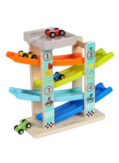 TOWO Wooden Car Ramp Toy- Zig Zag Car Slide with 4 Wooden Cars & Roof Top Car Park Playsets-Click Clack Track Wooden Car Toys for Toddlers -Racing Car Toys for Kids Boys Girls 2 3 4