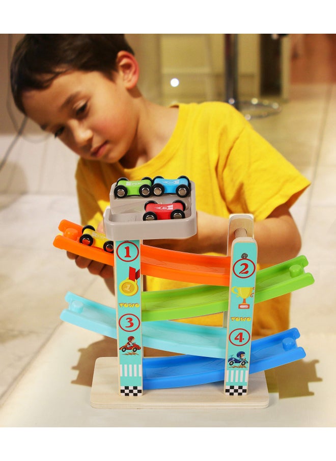 Toys of Wood Oxford - TOWO Wooden Car Ramp Toy- Zig Zag Car Slide with 4 Wooden Cars & Roof Top Car Park Playsets-Click Clack Track Wooden Car Toys for Toddlers -Racing Car Toys for Kids Boys Girls 2 3 4 - Image 1