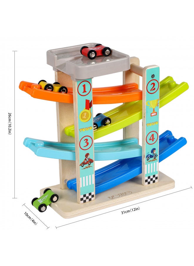 Toys of Wood Oxford - TOWO Wooden Car Ramp Toy- Zig Zag Car Slide with 4 Wooden Cars & Roof Top Car Park Playsets-Click Clack Track Wooden Car Toys for Toddlers -Racing Car Toys for Kids Boys Girls 2 3 4 - Image 1