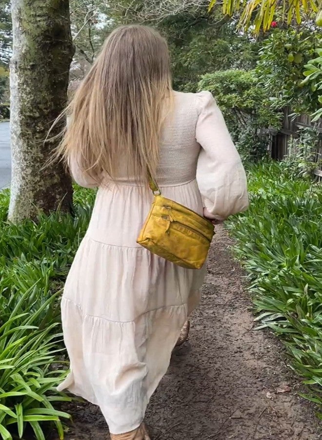 RUSTIC TOWN Leather Crossbody Bag for Women - Washed Leather Travel Sling Purse Hobo Handbags for Ladies (Yellow) - Image 2