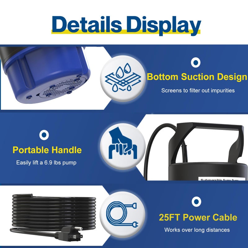 AgiiMan Submersible Water Pump - 1HP 3500GPH Pool Cover Pump for Pool Draining, Pool Cover Pump with 25FT Power Cord for Basements, Pool, Fountains, Hot Tub, Garden, Blue - Image 3