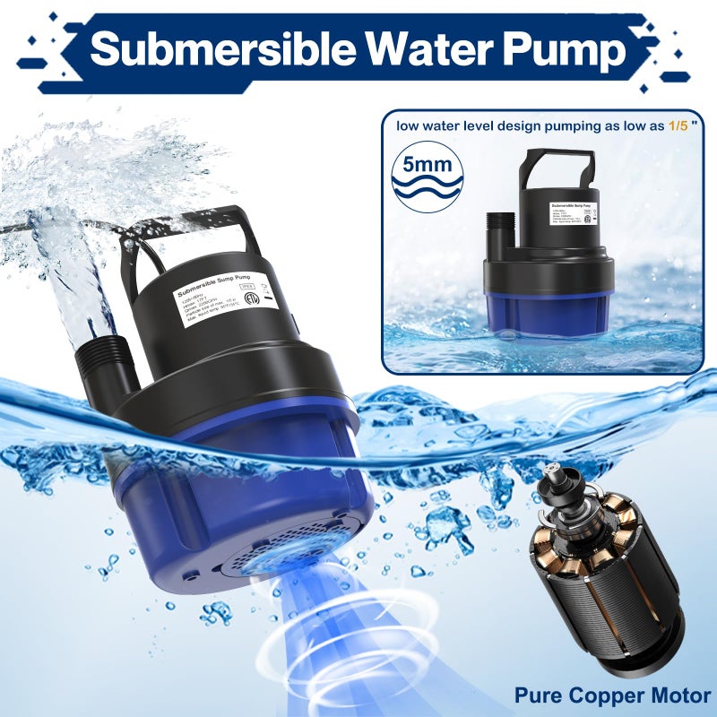 AgiiMan Submersible Water Pump - 1HP 3500GPH Pool Cover Pump for Pool Draining, Pool Cover Pump with 25FT Power Cord for Basements, Pool, Fountains, Hot Tub, Garden, Blue - Image 5