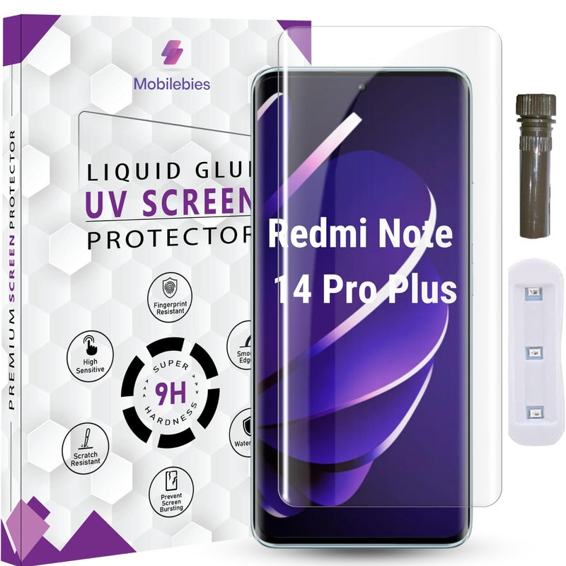 Mobilebies زجاج مقسى متقدم HD+ UV من Mobilebies® لهاتف Redmi Note 14 Pro 5G / 14 Pro Plus 5G (6.67 بوصة، عبوة من 1) واقي شاشة منحني لاصق UV، متوافق مع الحافظة مع مجموعة أدوات التثبيت والدليل - Image 1