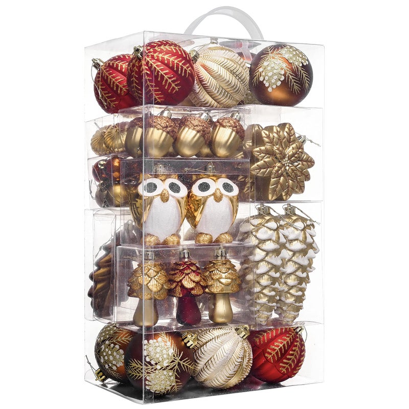Valery Madelyn Christmas Ornaments Set 80ct Red and Brown Shatterproof Christmas Tree Decorations Woodland Hanging Ball Ornaments Bulk for Xmas Holiday Decor